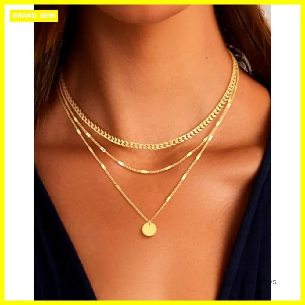 14K Gold Plated Layered Necklace Set, Adjustable Chains, Trendy Jewelry